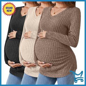 Maternity Ribbed Long Sleeve V-Neck Sweater 3 Pack Side Ruched